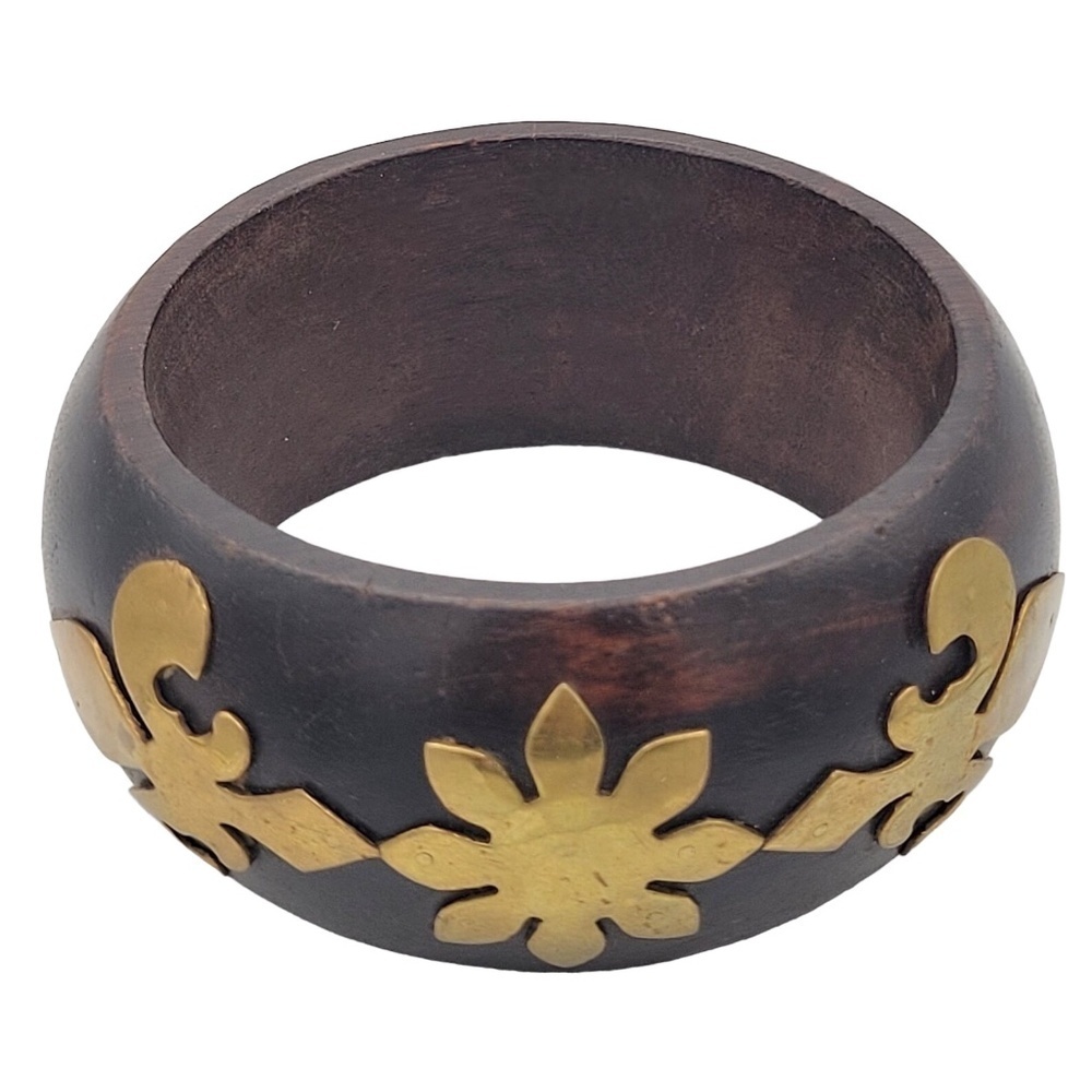 Vintage Dark Wood Bangle Bracelet With Brass Flowers & Fleur de Lis Design